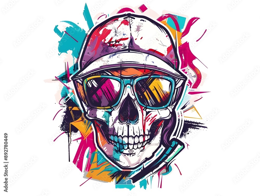 Stylish Graffiti Skull in Sunglasses and Cap for Streetwear Design Stylish Graffiti Skull in Sunglasses and Cap for Streetwear Design
