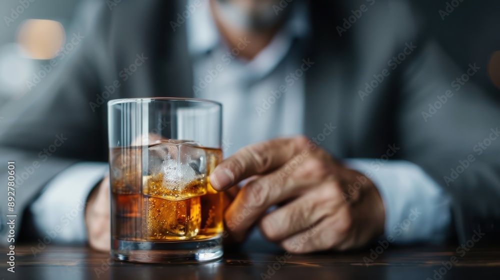 A gentleman in a suit holding a glass of whiskey on the rocks with his hand resting on a wooden table, representing sophistication, leisure, and a moment of indulgence. A gentleman in a suit holding a glass of whiskey on the rocks with his hand resting on a wooden table, representing sophistication, leisure, and a moment of indulgence.