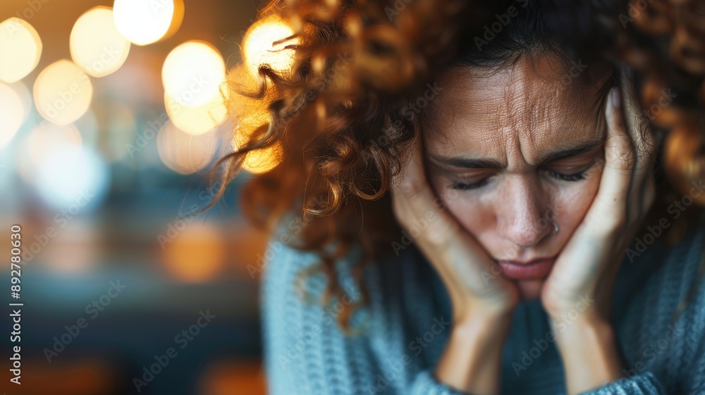 A person with curly hair sits pensively, their face obscured, against a backdrop of blurred, warm-colored lights, creating a serene and introspective atmosphere. A person with curly hair sits pensively, their face obscured, against a backdrop of blurred, warm-colored lights, creating a serene and introspective atmosphere.