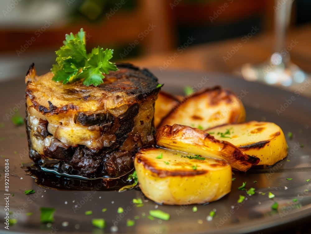 Savor the Flavors of Spain: Indulge in our Delectable Timbale with Fried Morcilla, Potatoes, Caramel Savor the Flavors of Spain: Indulge in our Delectable Timbale with Fried Morcilla, Potatoes, Caramel