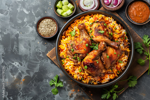 сhicken kabsa, national dish, on dish, top view photo