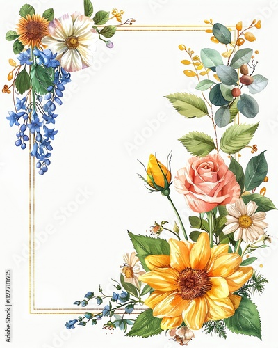A vibrant floral frame featuring roses, sunflowers, and bluebonnets, perfect for invitations or decorative designs.