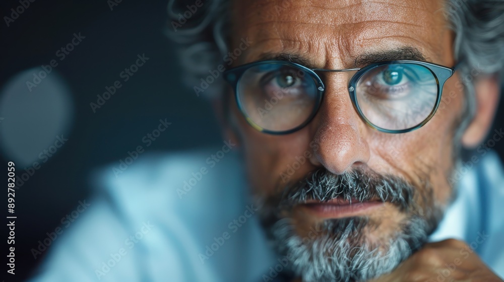 A close-up portrait of a middle-aged bearded man with glasses, displaying a serious and reflective expression, emphasizing contemplative thought and introspection. A close-up portrait of a middle-aged bearded man with glasses, displaying a serious and reflective expression, emphasizing contemplative thought and introspection.