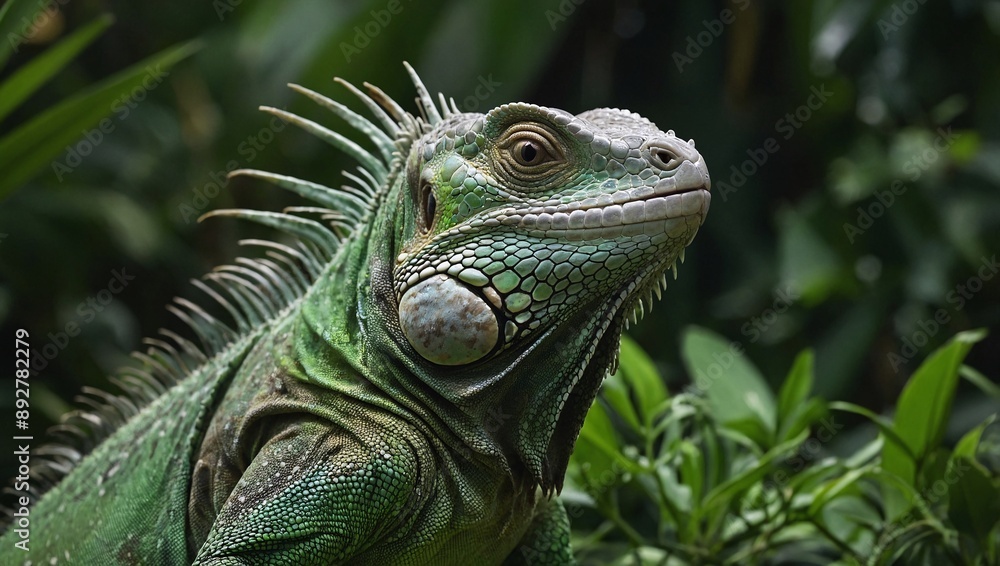 Green Iguana Against Green Background Green Iguana Against Green Background