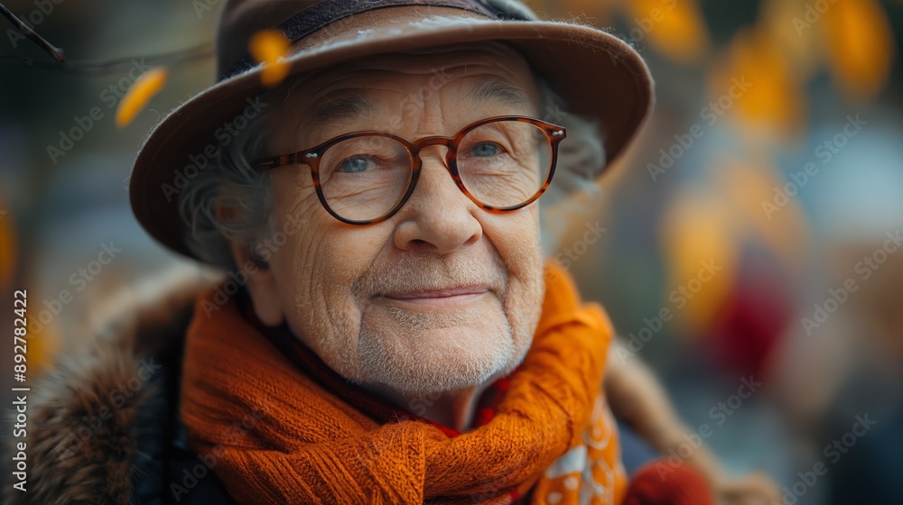 Elderly Man with Glasses and Hat in Autumn, Suitable for Senior Living Promotions Elderly Man with Glasses and Hat in Autumn, Suitable for Senior Living Promotions