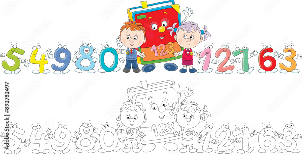 Little first graders and a cartoon character primary mathematics textbook with funny colorful toy numbers friendly smiling and waving in greeting, a set of vector illustrations Little first graders and a cartoon character primary mathematics textbook with funny colorful toy numbers friendly smiling and waving in greeting, a set of vector illustrations