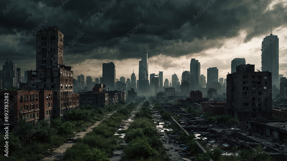 Abandoned City with Dark Clouds, Overgrown Vegetation, and Ruined Buildings in a Post-Apocalyptic Scene Abandoned City with Dark Clouds, Overgrown Vegetation, and Ruined Buildings in a Post-Apocalyptic Scene