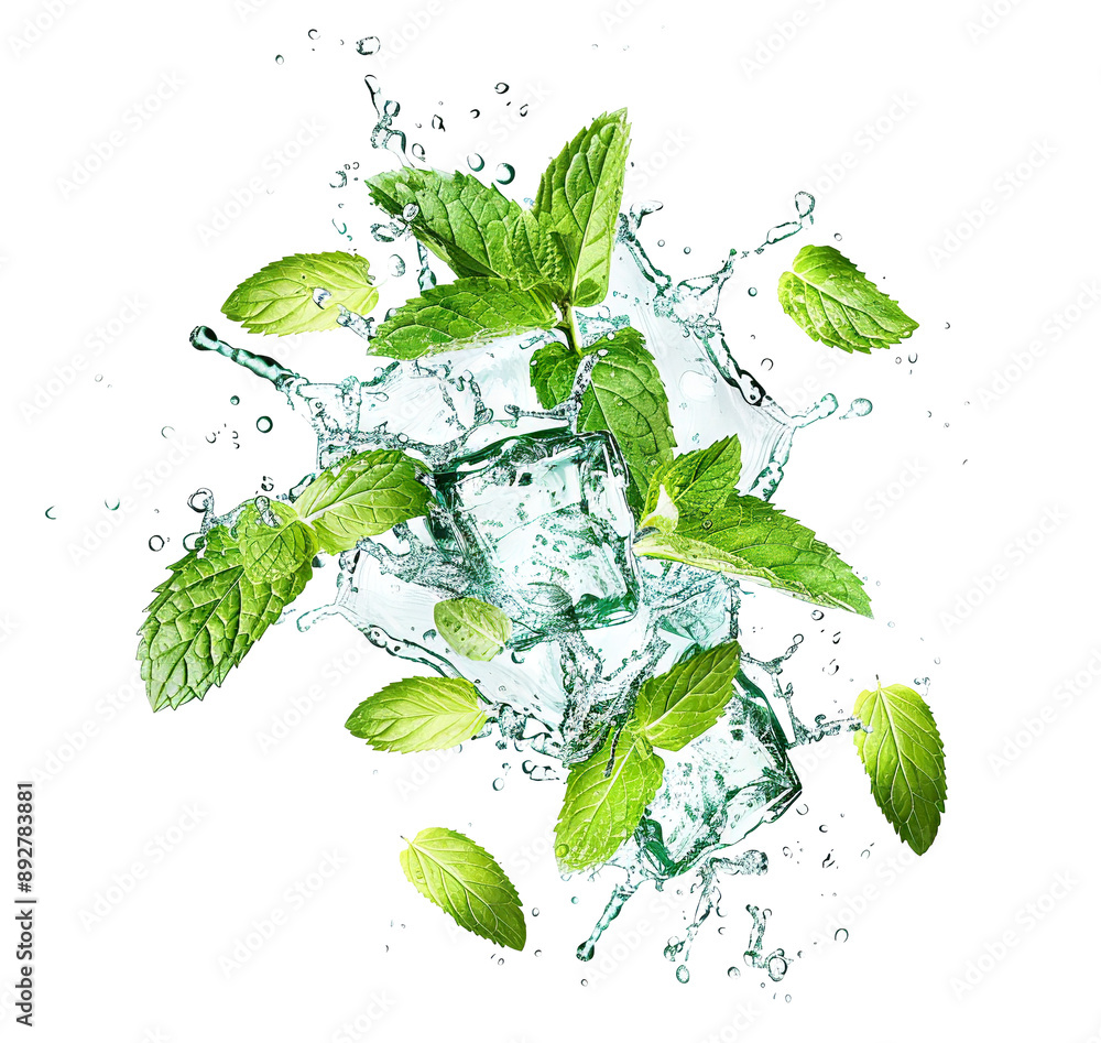 Fresh green mint leaves splashing with water, cut out Fresh green mint leaves splashing with water, cut out