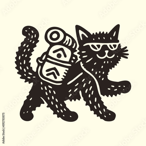 cat with a hiking backpack doodle vintage sketch