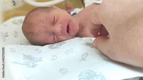 lovely little newborn baby infant lying in the incubators for newborns and holding his mother's hand
