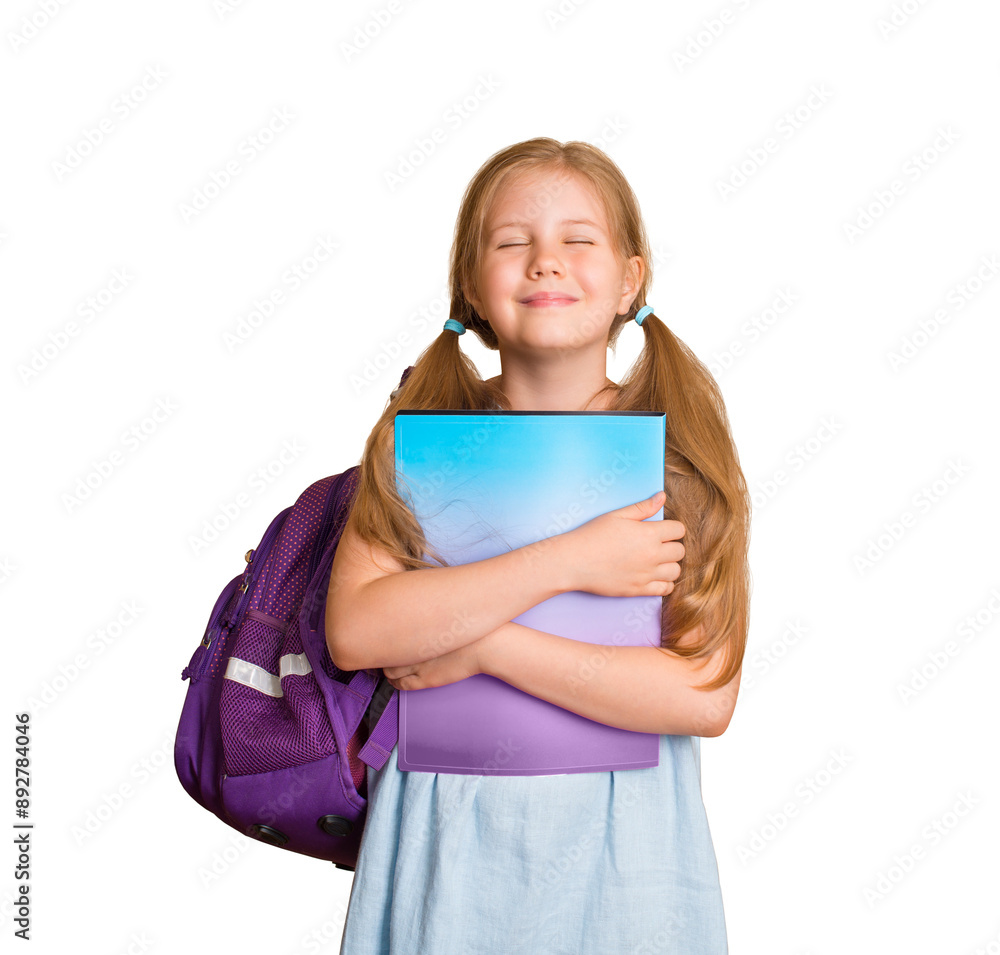 Smiling happy schoolgirl with schoolbag and copy-book isolated png. Smiling happy schoolgirl with schoolbag and copy-book isolated png.