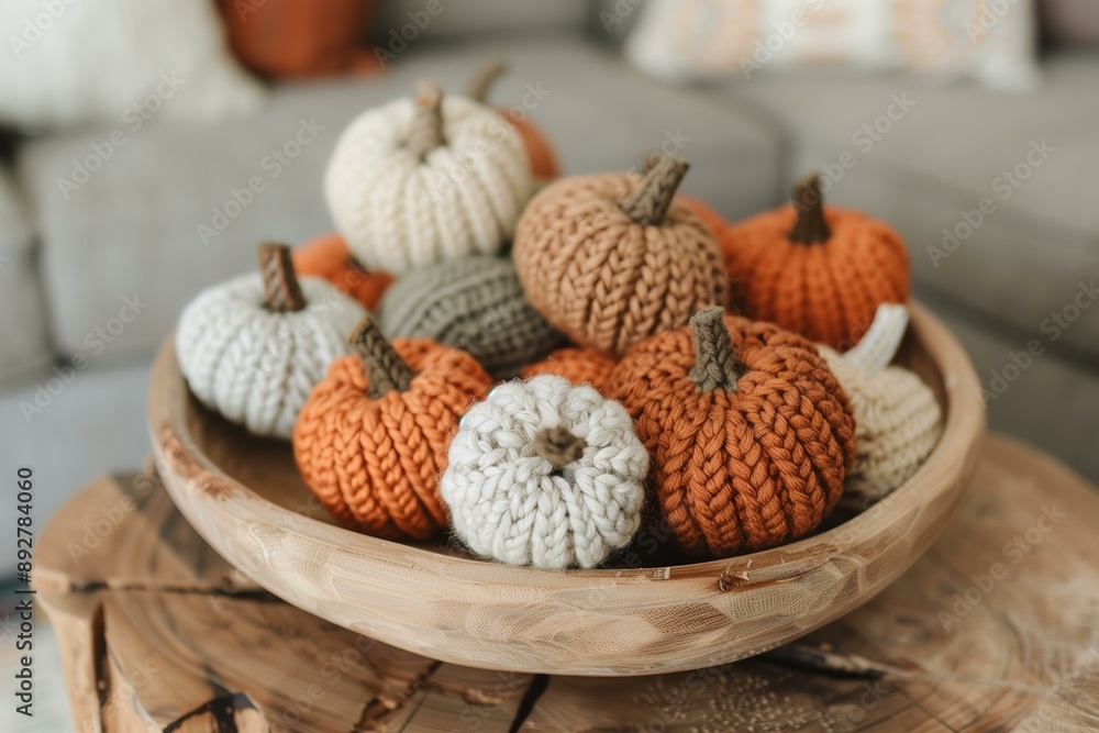 rustic wooden bowl filled with handmade pumpkins crafted from thick yarn. The pumpkins come in a variety of earthy colors, including muted orange, cream, and gray for Halloween rustic wooden bowl filled with handmade pumpkins crafted from thick yarn. The pumpkins come in a variety of earthy colors, including muted orange, cream, and gray for Halloween