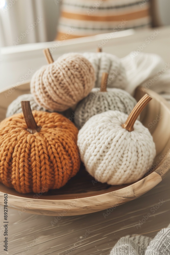 rustic wooden bowl filled with handmade pumpkins crafted from thick yarn. The pumpkins come in a variety of earthy colors, including muted orange, cream, and gray for Halloween rustic wooden bowl filled with handmade pumpkins crafted from thick yarn. The pumpkins come in a variety of earthy colors, including muted orange, cream, and gray for Halloween