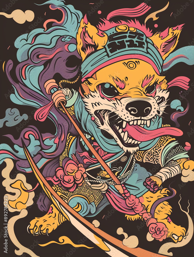 Obraz premium A colorful storybook cover for kids of an anthropomorphic excited ninja and dog