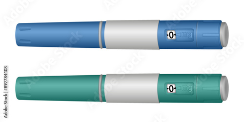 Insulin pen syringe. Diabetes treatment or weight management. Diet, weight loss. Blue and green packaging
