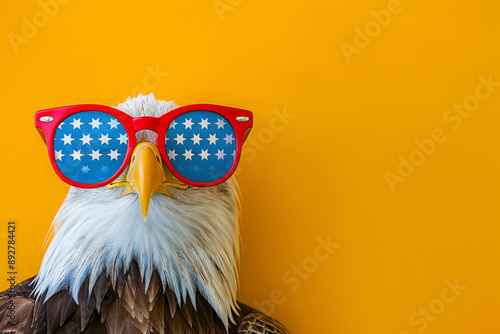 Portrait of a bald eagle wearing a American stars and stripes patriotic sunglasses. 4th July holiday photo