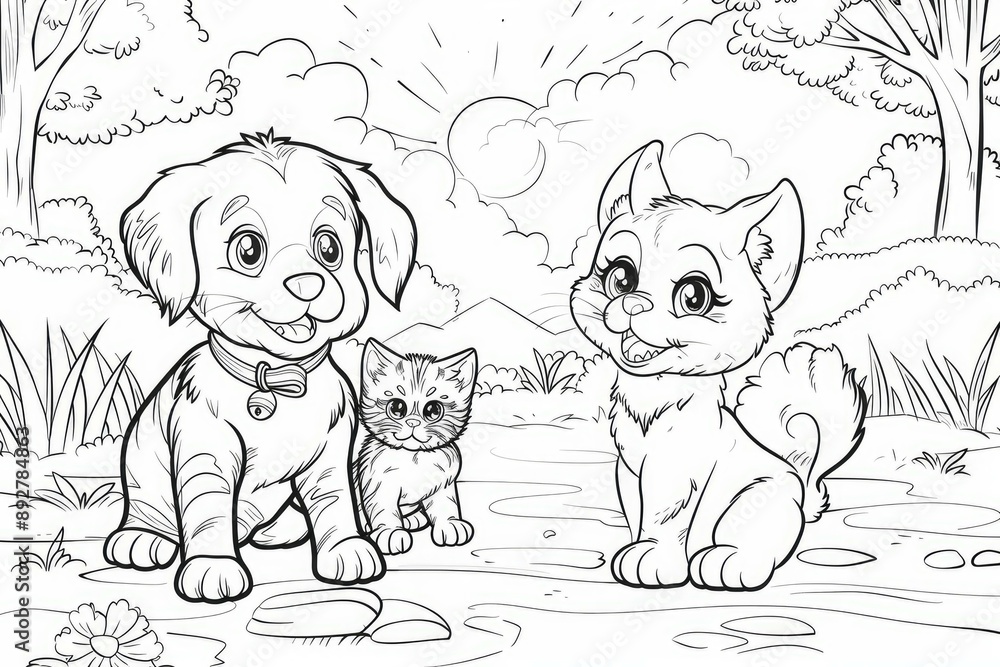 Black and white illustration of a smiling puppy and kitten in a garden setting for coloring activities Black and white illustration of a smiling puppy and kitten in a garden setting for coloring activities