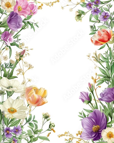 Beautiful floral frame featuring a variety of colorful flowers, ideal for invitations, greeting cards, and designs.