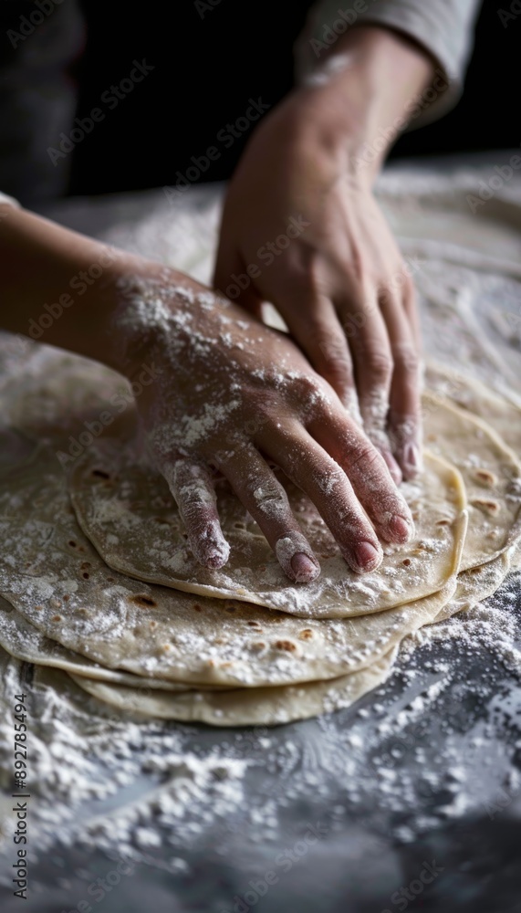 Fototapeta premium Baker's Hands Rolling Out Fresh Tortilla Dough on Floured Surface for Homemade Cooking