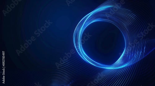 Geometric stripe line art design featuring abstract glowing circle lines on a dark blue background Modern shiny blue lines representing futuristic technology Suitable for posters covers