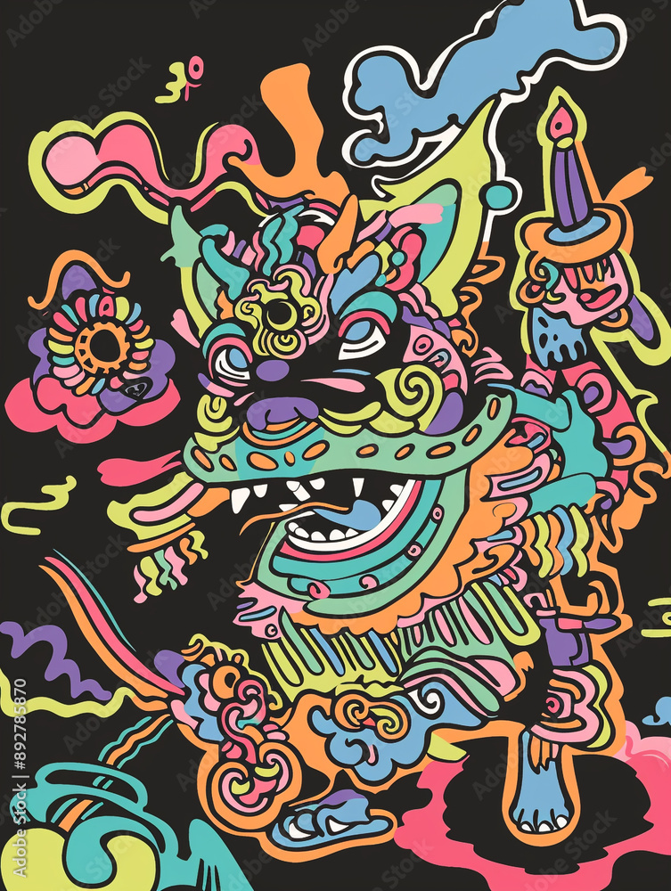 Obraz premium A colorful storybook cover for kids of an anthropomorphic excited ninja and dog
