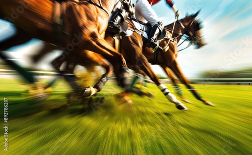 Close up of horse polo players in action, high speed photography, green grass field background, motion blur