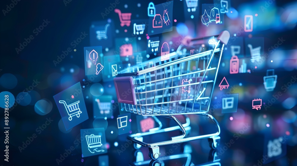 Blue background adorned with sleek digital icons representing online shopping technology Blue background adorned with sleek digital icons representing online shopping technology