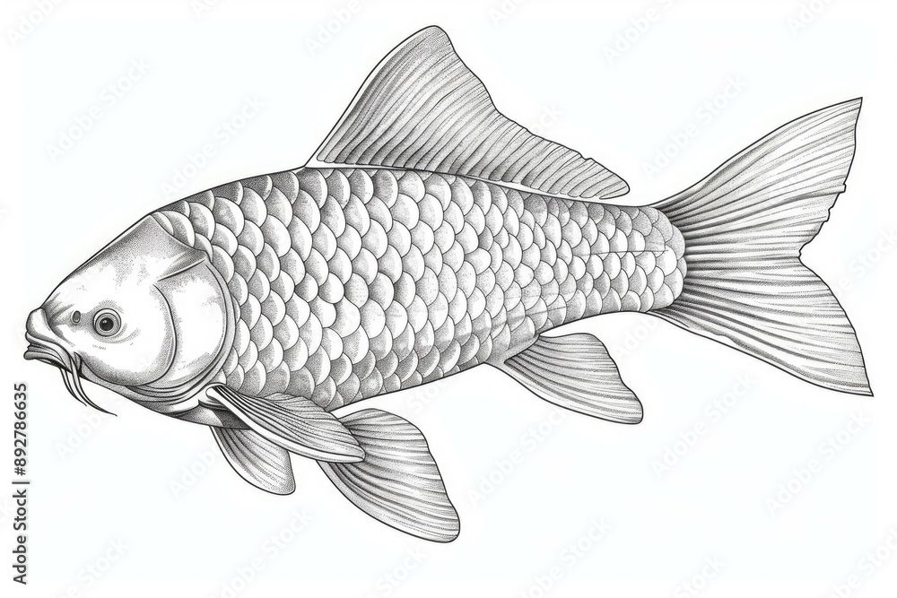 Highly detailed black and white fish sketch illustration with intricate texture, shading, and artistic handdrawn craftsmanship, showcasing the aquatic life and anatomy of freshwater marine biology Highly detailed black and white fish sketch illustration with intricate texture, shading, and artistic handdrawn craftsmanship, showcasing the aquatic life and anatomy of freshwater marine biology