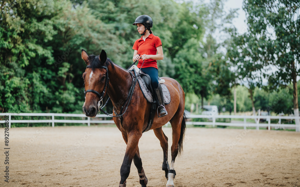 A young equestrian riding a horse in an outdoor arena surrounded by green trees, wearing a red shirt and black helmet. A young equestrian riding a horse in an outdoor arena surrounded by green trees, wearing a red shirt and black helmet.