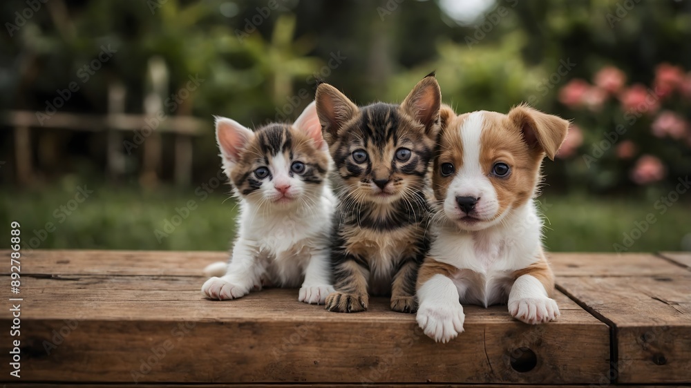 Obraz premium Trio mit Charme: Katze und Hunde auf Abenteuersuche