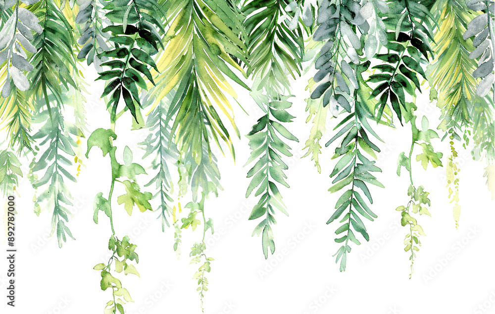 Fototapeta premium Watercolor illustration background with tropical palm leaves. 