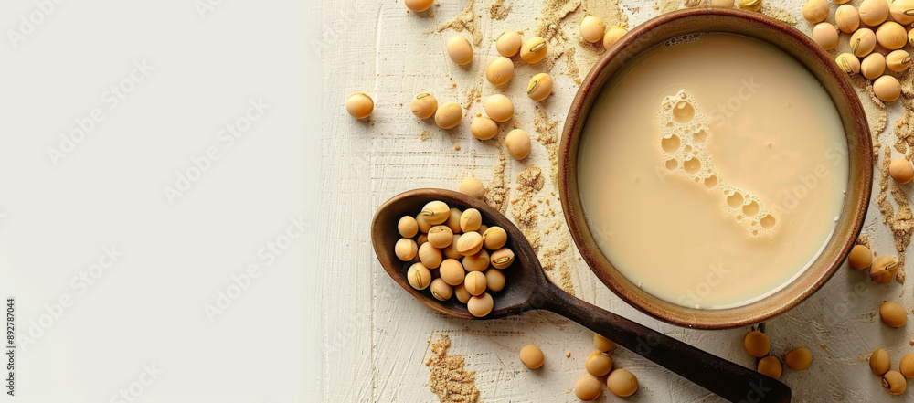 Soy milk in a spoon with soybean, isolated on white background, allowing for text with copy space image. Soy milk in a spoon with soybean, isolated on white background, allowing for text with copy space image.