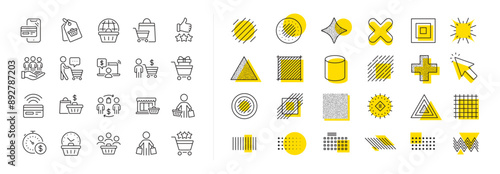 Contactless payment card, shopping cart and group of people. Design shape elements. Buyer customer line icons. Store, buyer loyalty card, client ranking set icons. Vector