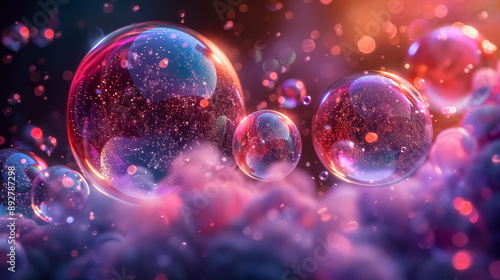 Abstract desktop wallpaper for pc background with purple bubbles on blurred space background.