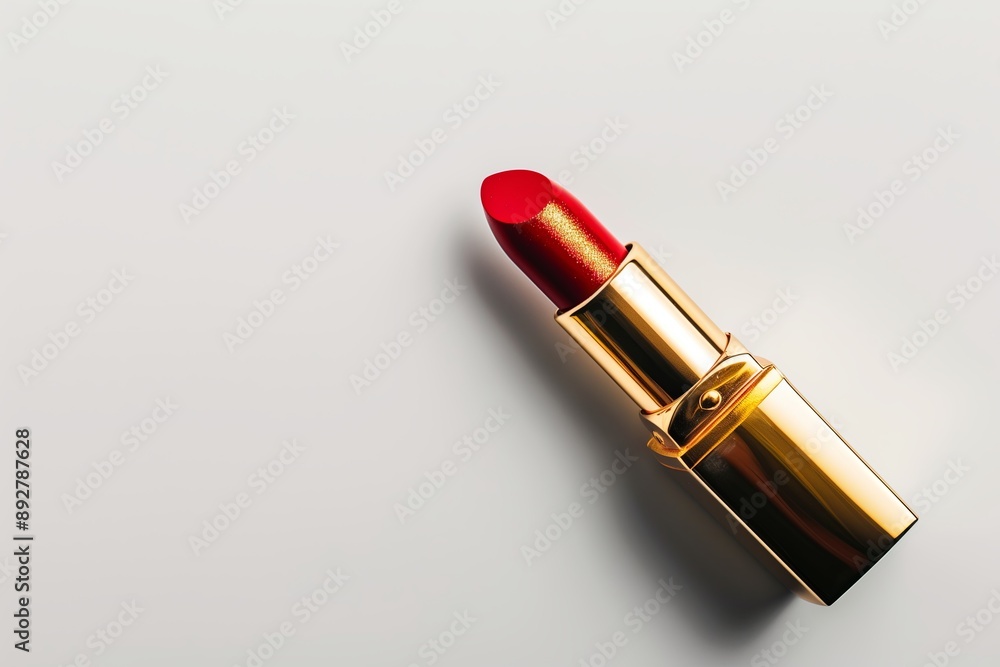 Luxury lipstick product photo on white background, metallic material with gold cap and deep red color. Luxury lipstick product photo on white background, metallic material with gold cap and deep red color.