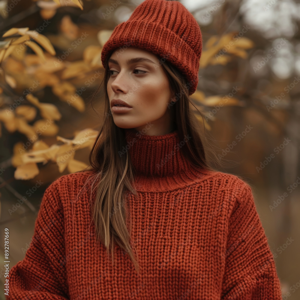Woman in Red Sweater and Beanie in Autumn Forest Woman in Red Sweater and Beanie in Autumn Forest