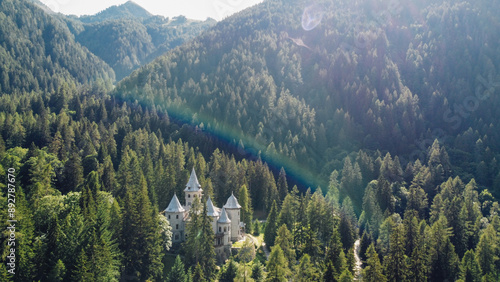 Aerial view of Savoy Castle situated in Gressoney-Saint-Jean, Italy. It was a summer residence of the queen Margherita of Savoy. Tourist attraction in the Aosta Valley, Italian Alps.