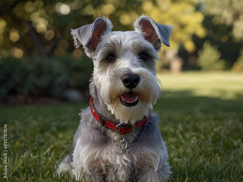 White schnauzer dog in a collar, sitting on the lawn. White schnauzer dog in a collar, sitting on the lawn.