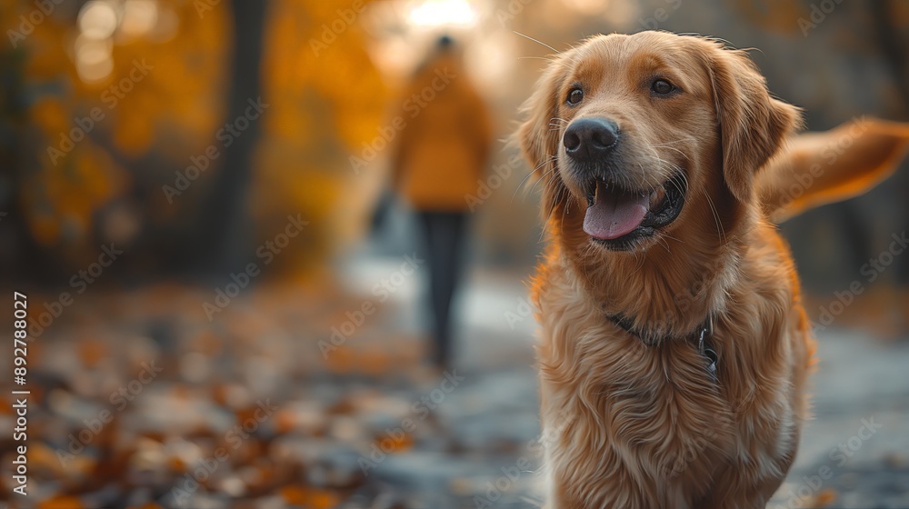 Golden Retriever Walking in Autumn Park, Perfect for Pet Care and Outdoor Activities Ads Golden Retriever Walking in Autumn Park, Perfect for Pet Care and Outdoor Activities Ads