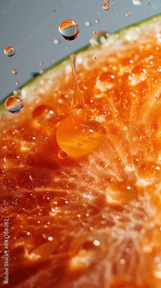 A closeup macro view of a cut fruit. Juice dripping down in air A closeup macro view of a cut fruit. Juice dripping down in air