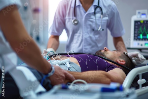 Doctor Performing ECG Test on Patient in Modern Medical Clinic for Cardiovascular Health Evaluation