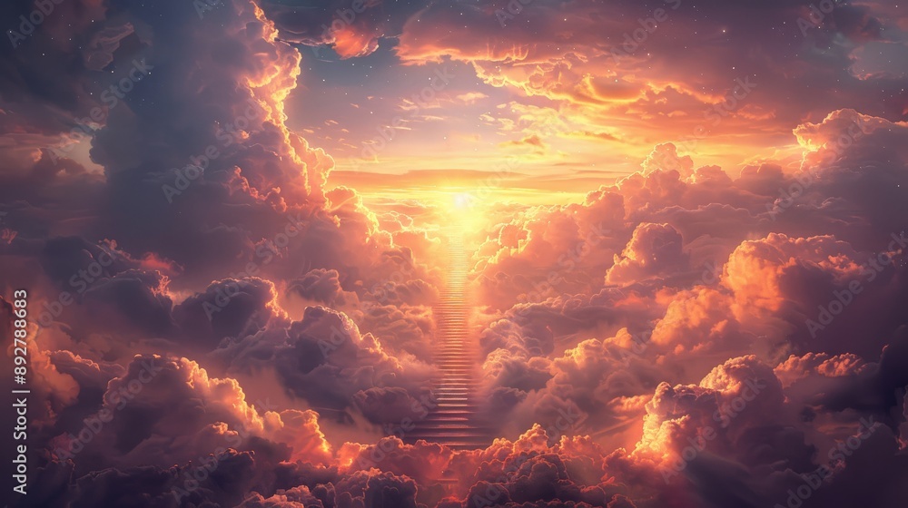 Fototapeta premium A majestic staircase ascending through fluffy clouds towards a radiant golden light