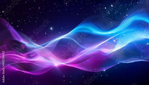 glowing abstract purple and blue waves with twinkling stars and cosmic background design elements © Mireya