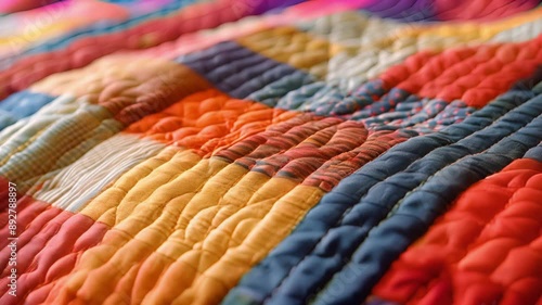 A closeup of a handquilted section of a larger quilt with each individual stitch adding to the overall texture and dimension of the piece. photo