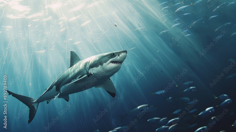 Fototapeta premium Powerful Great White Shark in the Open Ocean Surrounded by Schools of Fish - Marine Wildlife Photography