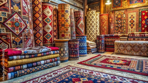 A Tapestry of Tradition Persian Rugs in a Shop, stacked, patterns, colorful, design , rug shop , oriental rug