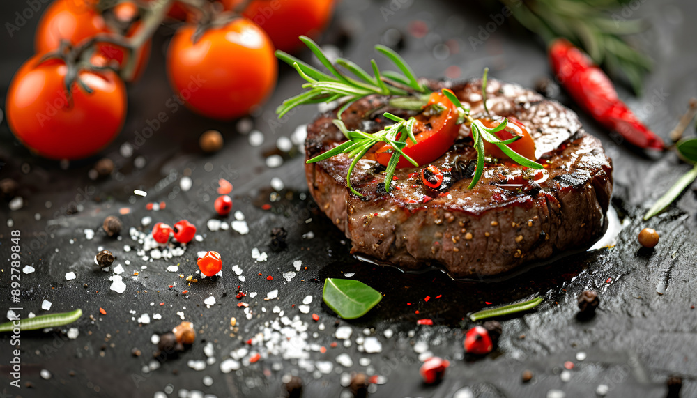 Juicy steak medium rare beef with spices and grilled vegetables Juicy steak medium rare beef with spices and grilled vegetables