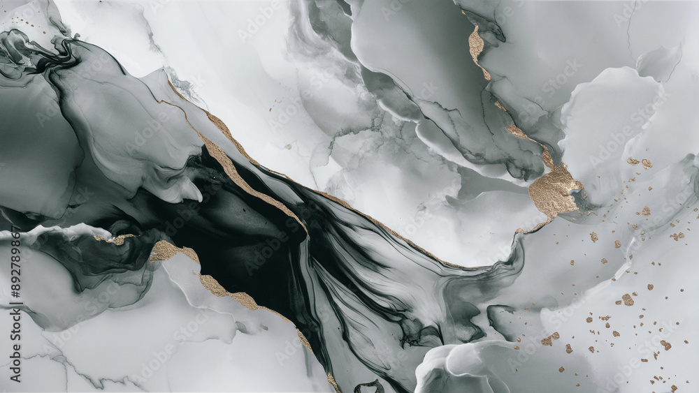 Naklejka premium A fluid art piece with swirling patterns of black, white, and gold. The black and white colors create a marble-like effect, while the gold specks and streaks add a touch of luxury. 