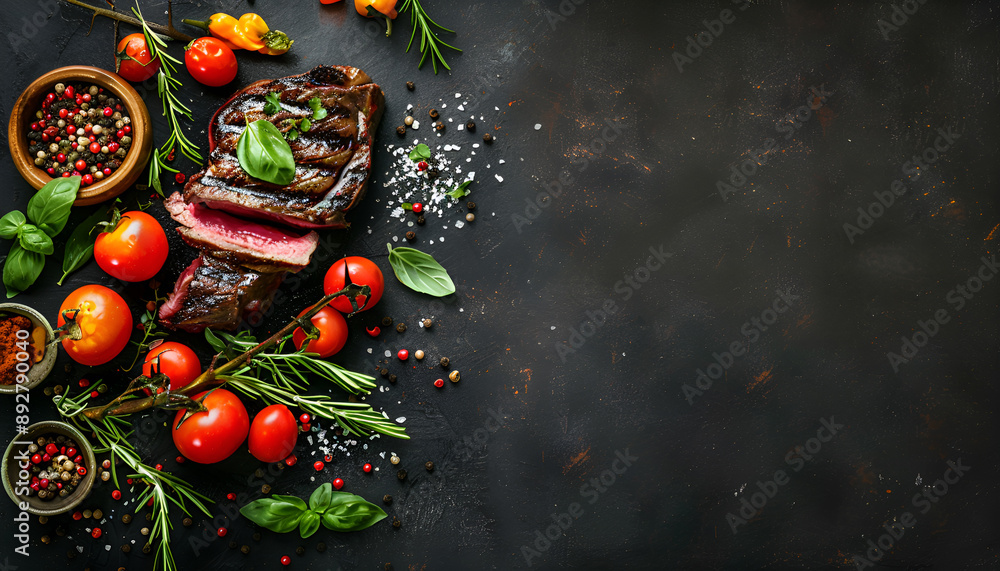 Juicy steak medium rare beef with spices and grilled vegetables Juicy steak medium rare beef with spices and grilled vegetables