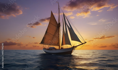 A sailing yacht sails on the sea waves, against the sky at sunset